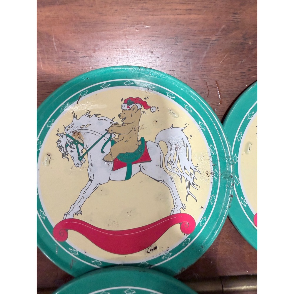 Vintage 90s Christmas Teddy Bear Rocking Horse Metal Coasters with Tin Set of 6